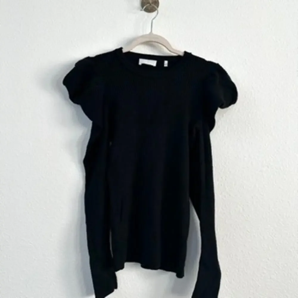7 For All Mankind Puff Shoulder Ribbed Knit Sweater Black Modern Classic Women M